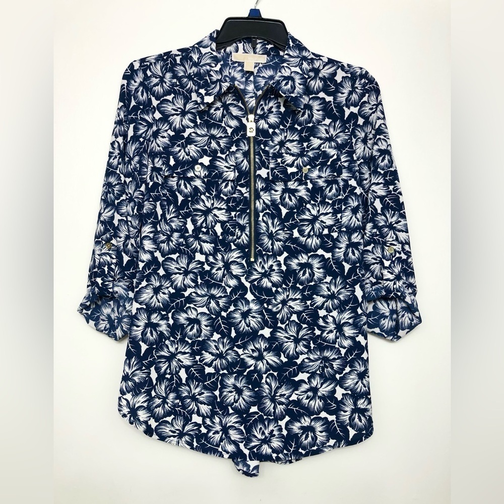 MICHAEL KORS Long Roll-tab Sleeve Floral Blue Hibiscus Tunic Top Blouse Size L - Picture 14 of 14